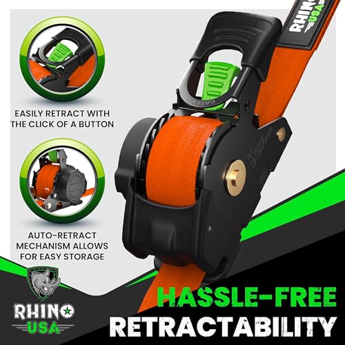 Rhino USA Retractable Ratchet Tie Down Straps (2PK) - 1,209lb Max Break Strength, Includes (2) Ultimate 1" x 10' Autoretract Tie Downs with Padded Handles