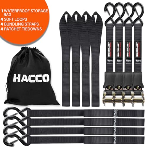 Haccoplanet Ratchet Tie Down Straps, 2340lb Break Strength, 4pc 1inch x 16FT Tie Down Strap Set with Padded Handles & Coated S Hook W/Safety Clip, Cargo Strap Tie Down for Motorcycle, Truck (Black)