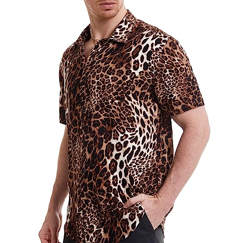 UPAAN Men's Leopard Printed Shirts Disco Short Sleeve Button Down Casual Shirt