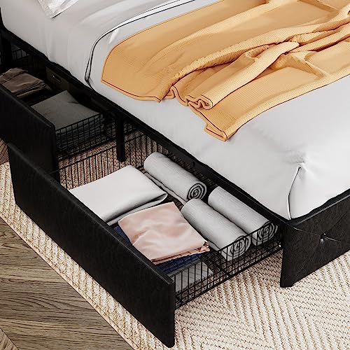 Allewie Upholstered Queen Size Platform Bed Frame with 4 Storage Drawers and Headboard, Diamond Stitched Button Tufted, Mattress Foundation with Wooden Slats Support, No Box Spring Needed, Black Brown