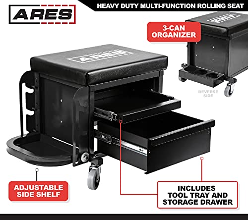 ARES 62029 – Heavy Duty Rolling Shop Stool - Square Mechanic's Black Shop Seat - Multi-Function with Padded Seat Cushion, Tool Storage Drawer and Tray – Rugged Steel Construction Holds Up to 350 LB