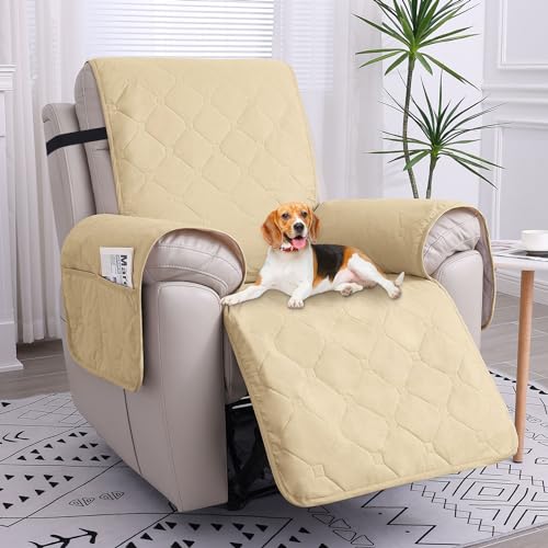 hyha 100% Waterproof Recliner Chair Covers, Non Slip Recliner Cover, Recliner Covers That Stay in Place, Reclining Slipcovers with Pocket, Furniture Protector for Pets, Dog (23.6", Beige)