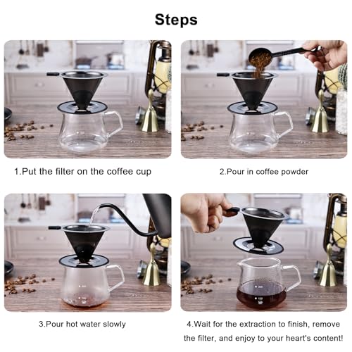 Single Cup Pour Over Coffee Dripper CAMPINGLIFE Reusable Stainless Steel Pour Over Coffee Filter Paperless Metal Coffee Strainer Coffee Maker(Black)