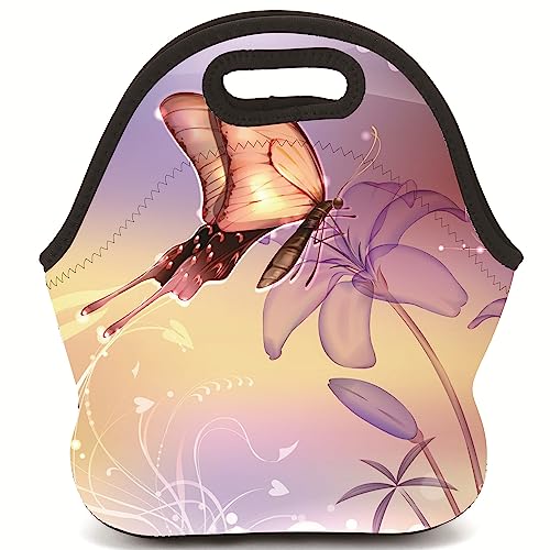 Neoprene Reusable Insulated Lunch Bag School Office Outdoor Thermal Carrying Gourmet Lunchbox Lunch Tote Container Tote Cooler Warm Pouch For Men,Women,Adults,Kids,Girls,Boys (Beautiful Butterfly)