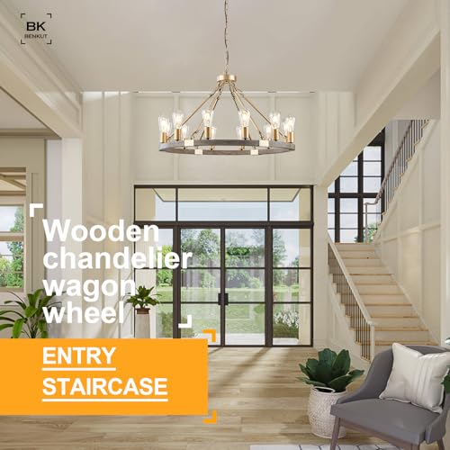 Benkut Farmhouse Wagon Wheel Chandelier 31" Black Rustic Light Fixtures 12-Light Wood Round Chandelier for Dining Room Living Room Entryway Foyer