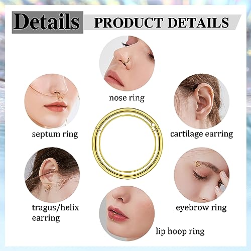 LOYALLOOK 16G Septum Rings Hoop for Women Men Surgical Steel Dangle Septum Jewelry Septum Clicker Horseshoe Nose Rings Hoop Hinged Segment Daith Helix Tragus Cartilage Earrings Piercing 10MM Gold Tone