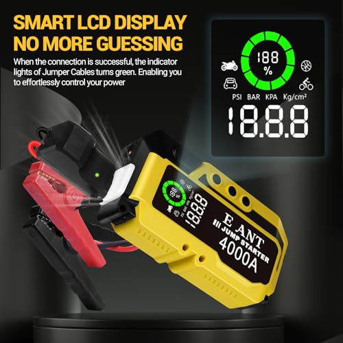 E-Ant Car Jump Starter with Air Compressor(10L Gas/8L Diesel), 4000A Peak 12v Auto Battery Jump Pack, Power Bank USB QC3.0 Outputs Portable Battery Booster Pack Jumper Box Tire inflator 150PSI, Yellow