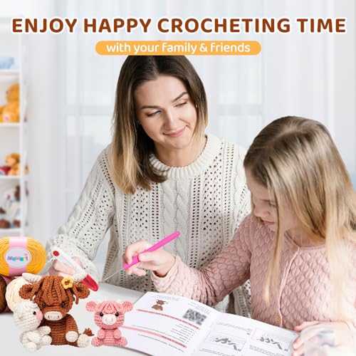 Mewaii Crochet Kit for Beginners, Crochet Starter Kit with Step-by-Step Video Tutorials, Crochet Complete Kit with 40%+ Pre-Started Yarn Content, Crochet Gifts for Adults Kids (3 Packs Highland Cow)