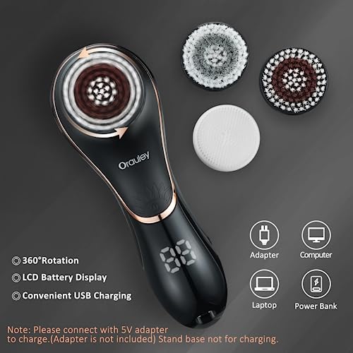 Facial Cleansing Brush, Electric Face Scrubber Rechargeable Exfoliator IPX-7 Waterproof Rotating Cleanser for Exfoliating, Massaging and Deep Cleansing for Women & Men with 4 Brush Heads Black