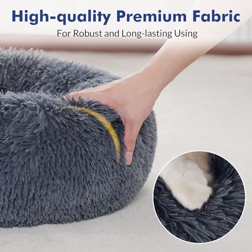 rabbitgoo Cat Beds for Indoor Cats, 20 inches Cat Bed Machine Washable, Fluffy Round Pet Bed Non-Slip, Calming Soft Plush Donut Cuddler Cushion Self Warming for Small Dogs Kittens, Dark Grey, Medium