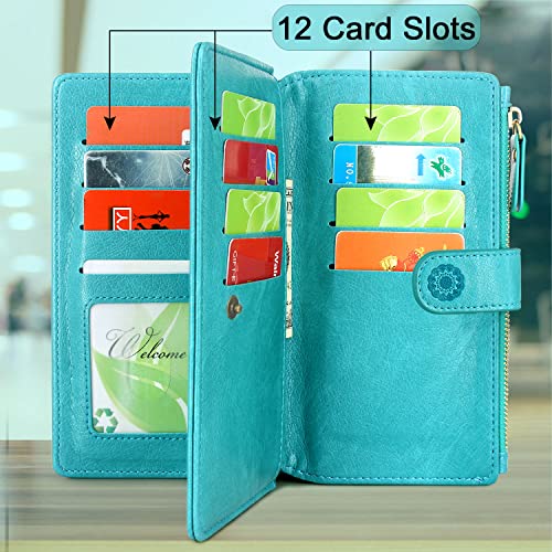 Harryshell Detachable Magnetic Case Wallet with Cash Coin Zipper Pocket 12 Card Slots Holder Wrist Strap Lanyard Compatible with Google Pixel 7 5G (2022) (Flower Blue Green)