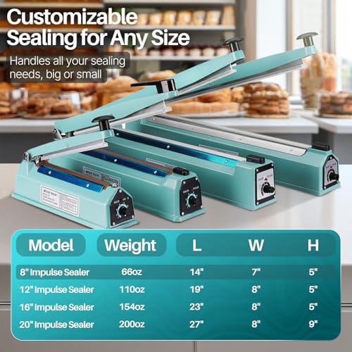 Flexzion Impulse Sealer 8 Inch (200mm) 300W Heat Sealer Machine with Adjustable Heating Mode, No Warm Up Needed, Portable Bag and Seal Impulse with Replacement Element Grip and Teflon Tape
