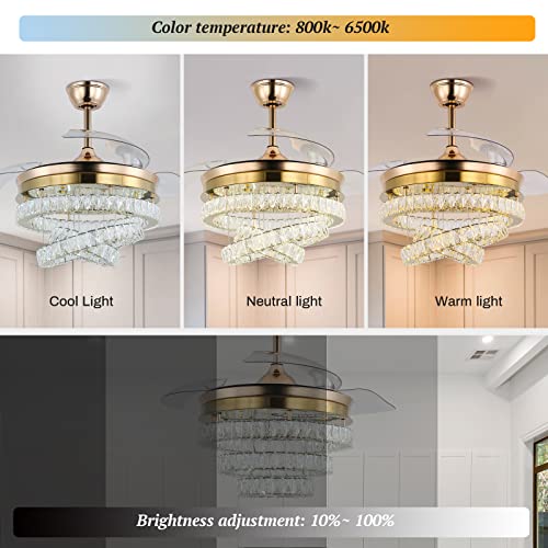diisunbihuo 42" Gold LED Fandeliers with Lights Dimmable Crystal Ceiling Fan with Lights Individual 3 LED Color Change with Timi Memory Function