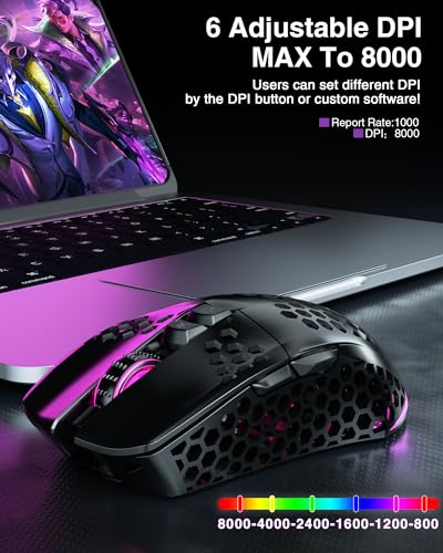 SOLAKAKA SM600 Honeycomb Shell Gaming Mouse Wireless,8000 DPI Tri-Modes BT5.1/2.4G Wireless/Type-C Wired Gamer Mouse with 2 Side Buttons, Macro Programmable and RGB Light for PC/Mac/Laptop,Black