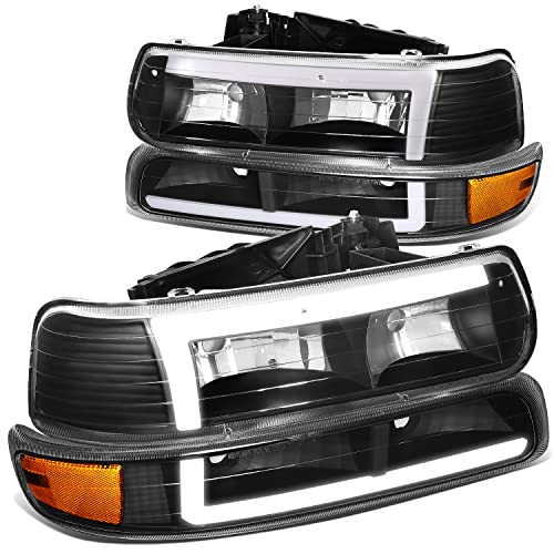 DNA MOTORING 4-HL-SILV99-DRL-BK-AM Pair of 3D LED L Running Lights Headlights & Bumper Lights Compatible with 99-02 Silverado 1500 2500,Black/Amber