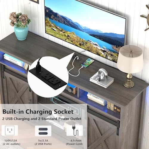 Vinctik 6&Fox 57” Wooden Farmhouse TV Stand for 60/65 inch TV,Double Layer Storage Entertainment Center TV Console Table,w Double-Row Sockets and 2 Sliding Barn Door,Media Cable Box(Grey Wash)
