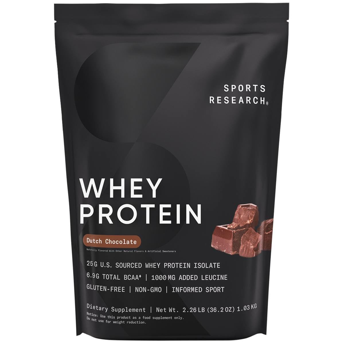 Sports Research Whey Protein Isolate - Sports Nutrition Protein Powder 25g per Scoop - 2lb Bag Whey Protein - Dutch Chocolate Bulk Protein Powder, 25 Servings