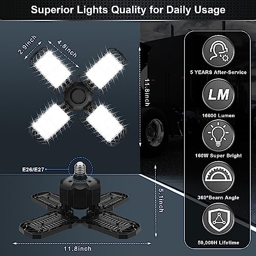LED Garage Light, 150W 15000LM 6500K LED Shop Lights, Garage Lights Ceiling Led with 4 Deformable Panels, Screw in E26/E27 Socket LED Bulbs for Warehouse, Basement, Attic, Barn, High Bay Lighting
