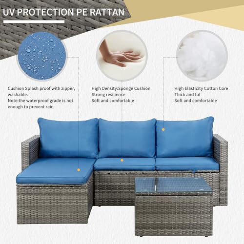 JAMFLY Patio Furniture Set 3 Piece Outdoor Sectional Patio Sofa, All-Weather Wicker Rattan Outdoor Furniture Set with Glass Table and Cushions,Grey