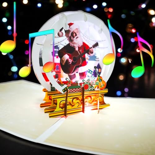 APOTODITO Pop Up Christmas Cards with Santa Claus Playing Guitar, Christmas Gifts with Music and Light, 3d Musical Greeting Card for Christmas Holiday New Year, Christmas Gift for Kids Family