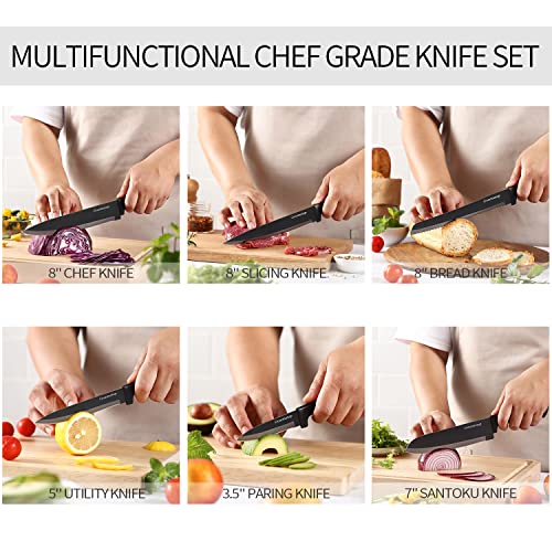 Gourmetop Kitchen Knife Set with No Drilling Magnetic Strip, Knives Set for Kitchen Black Cooking Knives, Sharp Stainless Steel Chef Knife Set for Cutting Meat & Vegetable, Small Knife Set