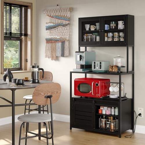 Furniouse 6-Tier Kitchen Bakers Rack with Power Outlet, Industrial Microwave Oven Stand with Shelves, Kitchen Utility Storage Shelf with Cabinet, Standing Kitchen Storage Rack (Black)