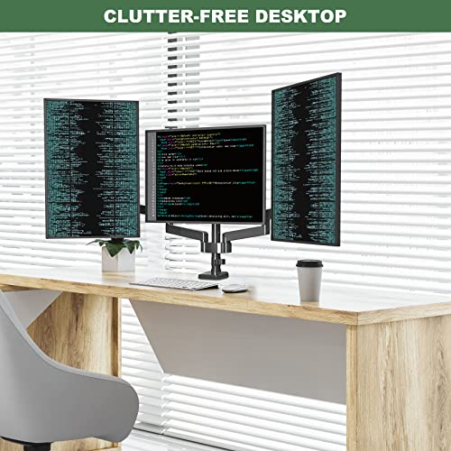 UPGRAVITY Triple Monitor Mount, 3 Monitor Desk Mount for Three Flat/Curved Computer Screens up to 27 inch, Fully Adjustable Gas Spring Triple Monitor Arms Hold up to 17.6lbs, VESA 75x75/100x100mm
