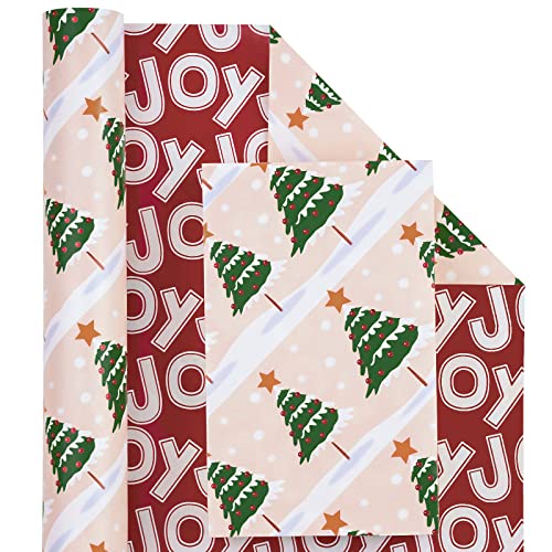 WRAPAHOLIC Reversible Christmas Wrapping Paper - Mini Roll - 17 Inch X 33 Feet - Christmas Tree and Joy Lettering Design for Holiday, Party, Celebration