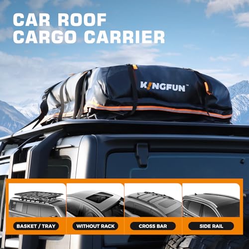 Kingfun Car Rooftop Cargo Carrier Bag - Waterproof 15 Cubic Feet Car Roof Luggage Carrier for All Vechicles with/Without Racks, Includes Anti-Slip Mat, 8 Reinforced Straps, 6 Door Hooks, Luggage Lock