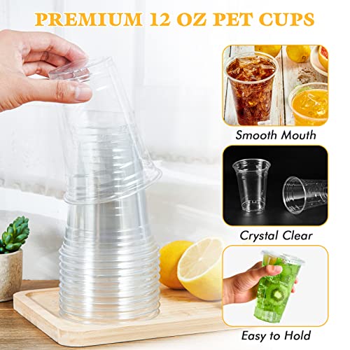 Vplus 200 Pack 12 OZ Clear Plastic Cups With Lids, Crystal PET Clear Cups, 12 OZ Cold Disposable Drinking Plastic Cups With Flat Lids, Perfect for Ice Coffee, Smoothie, Juice