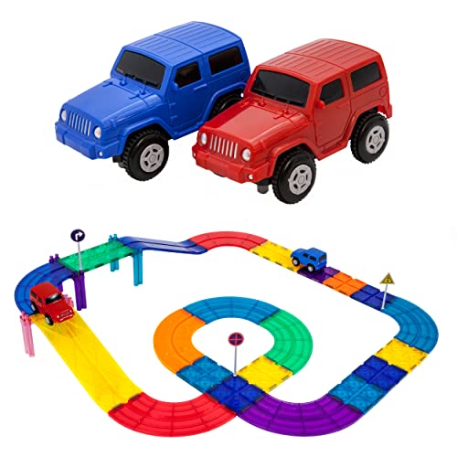 PicassoTiles Magnetic Race Track Toys Car Tracks Set for Toddlers Magnet Building Blocks Tiles Sensory Toys for Kids Include 2 Trucks STEM Engage in Thrilling Races Age 3+ Year Old Boys Girls