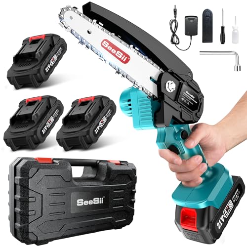 Seesii Mini Chainsaw 6-inch w/3x Big Batteries, Battery Chainsaw 2.62lbs, Mini Chainsaw Cordless Tool Set w/Case, Handheld Electric Power Chain Saw with Safety Lock for Tree Trimming Wood Cutting