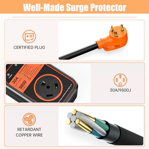 MILLIONHOME RV Surge Protector 30 Amp Waterproof, 9800 J Upgraded RV Power Surge Protector with Safety Certification, RV Adapter Plug for Camper, Circuit Analyzer for Travel Trailers(Orange)