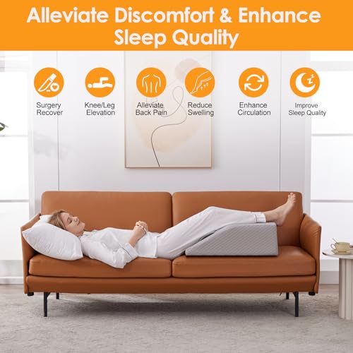 Ruqmuis Leg Elevation Pillows for Sleeping, Memory Foam Wedge Pillow for Legs, Knee Wedge Pillow for After Surgery, Swelling, Back Pain and Circulation, Non-Slip Bottom, Removable Cover (6 Inch, Grey)