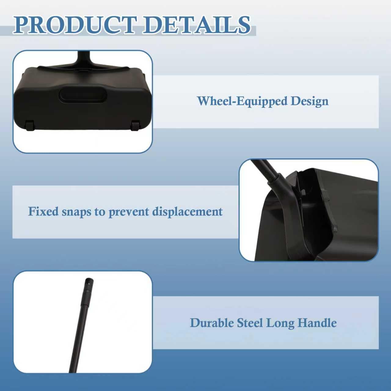 Primero Basics Broom and Dustpan Set with Long Handle and Wheels, Upright Standing Heavy Duty Large Dust Pan and Broom Combo for Indoor Outdoor, Kitchen, Garage, Restaurant Cleaning – Black