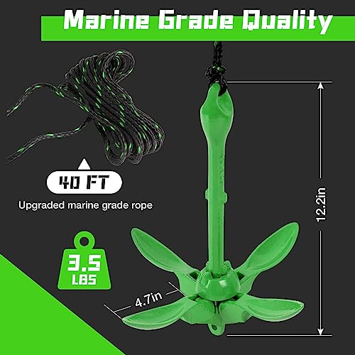 Linkloos Kayak Anchor Kit - 3.5lb with 40ft Rope & Storage Bag - Accessories for Kayaks, Canoes, SUP Boards, Small Boats, Jet Skis & PWCs - Marine Grade Green