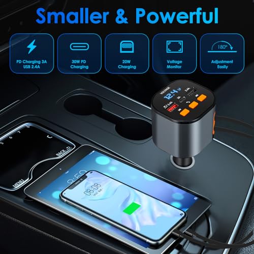 MQOUNY Retractable Car Charger,5 in 1 Fast Car Phone Charger 90W,Bluetooth 5.3 FM Transmitter Adapter,Handsfree Call Car Charger,2 Retractable Cables and USB Car Charger for iPhone 15/14/13