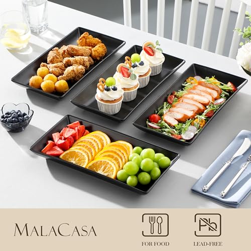 MALACASA 3 Tier Serving Tray, Stoneware Tiered Serving Trays Platters, 12 Inch Serving Stand with Platters, Black Dessert Stand Food Display Stand with Collapsible Sturdier Metal Rack, Series PLAT