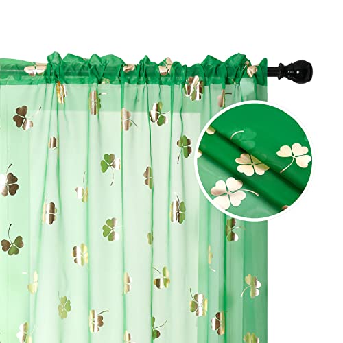 youleyar St. Patrick's Day Sheer Curtains, Clover Gold Foil Print Voile Sheer Curtains 2 Panels, Rod Pocket Window Treatment for Living Room Bedroom Dining Room (Clover,52 W x 96 L)