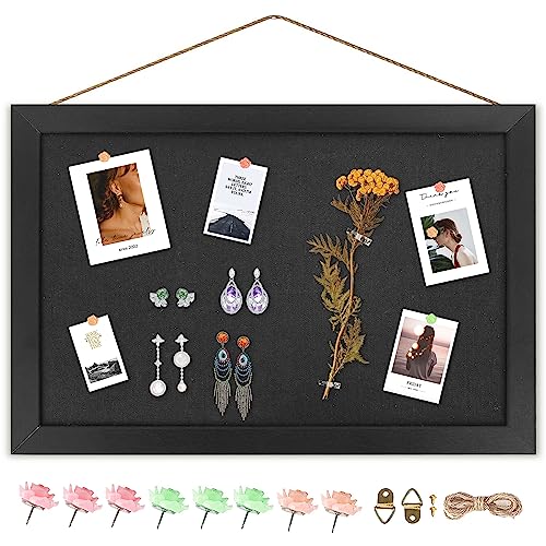 AKTOP Black Cork Board with Linen 16.7" X 11", Small Framed Bulletin Board for Wall, Hanging Pin Board Picture Board for Home Office Decor, Cute Vision Board with 8 Pushpins