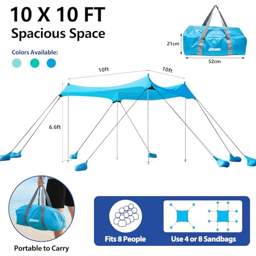 Beach Tent, Camping Tent UPF50+ with 8 Sandbags, Beach Essentials for 6-12 Persons, Beach Shade Canopy with Stability Poles and Big Ground Pegs, Pop Up Canopy for Camping, Picnics, 10X10FT Blue