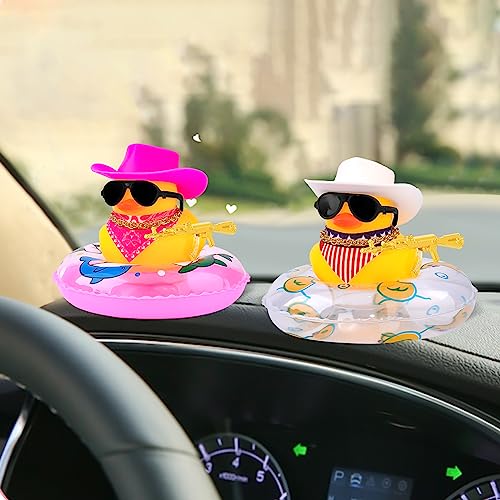 wonuu Car Rubber Duck Decoration, West Cowboy Duck Car Dashboard Decoration Accessories with Mini Swim Ring Cowboy Hat Scarf and Sunglasses, B_black hat vertical scarf red ring