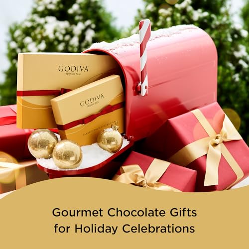 Godiva Chocolatier Holiday Assorted Gourmet Chocolate Gold Gift Box, Creamy Milk Dark, and White Chocolate Treats for Thank you, Anniversary, Christmas Candy Gift for Family and Friends, 18 pc