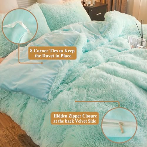 XeGe Plush Shaggy Duvet Cover Set, Luxury Ultra Soft Velvet Fluffy Bedding Sets 3 Pieces(1 Furry Faux Fur Comforter Cover + 2 Fuzzy Faux Fur Pillow Cases), Zipper Closure(Queen, Light Gray Ombre)