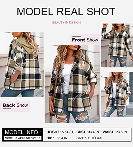 SHEWIN Womens Casual Plaid Hooded Flannel Shirts Long Sleeve Button Down Shacket Jacket Hoodie Soft Winter Coat Fall Outfits Women Trendy,US 8-10(M),Deep Pink