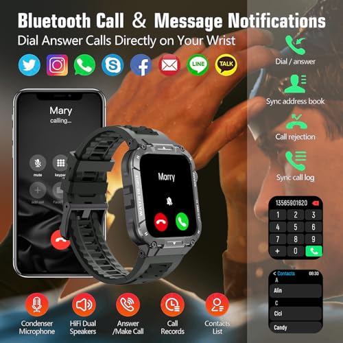 Hvlgmrc Military Smart Watch for Men 1.96 Inches Outdoor Sports Smartwatch with Answer/Make Call,Fitness Watch,Blood Oxygen,Heart Rate and Sleep Monitor Compatible with iPhone and Android Phones