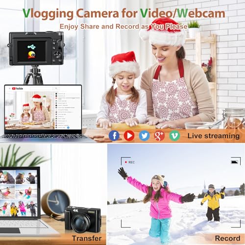 4K Digital Camera for Photography and Video, 48MP Vlogging Camera with SD Card Autofocus Anti-Shake, 3'' 180° Flip Screen Digital Camera with Flash 16X Zoom, Compact Camera for Travel (2 Batteries)