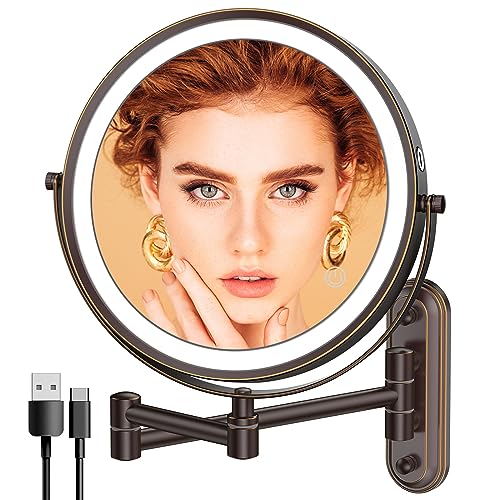 Rocollos Rechargeable Lighted Wall Mounted Makeup Mirror with 3 Color Lights,Dimmable Touch Screen,8 Inch LED Double Sided 1X/10X Magnifying 360°Flexible 13 Inch Retractable