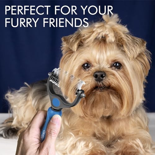 OneCut Pet Grooming Brush and Metal Comb Combo, Pet Grooming Rake and Brushes for Small, Medium & Large Dogs Double Sided Deshedding Tool Removes Knots and Tangled Hair (Blue)