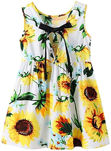 Girls Dress Kid Floral Sleeveless Cotton Sundress Summer Girl Clothes White Sunflower 2-3 Years